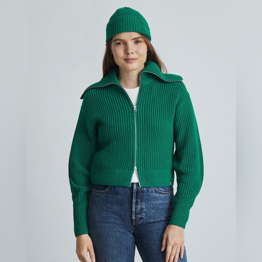 Everlane Chunky Cardigan Ultramarine Green Cropped Two Way Front Zip Sweater XS